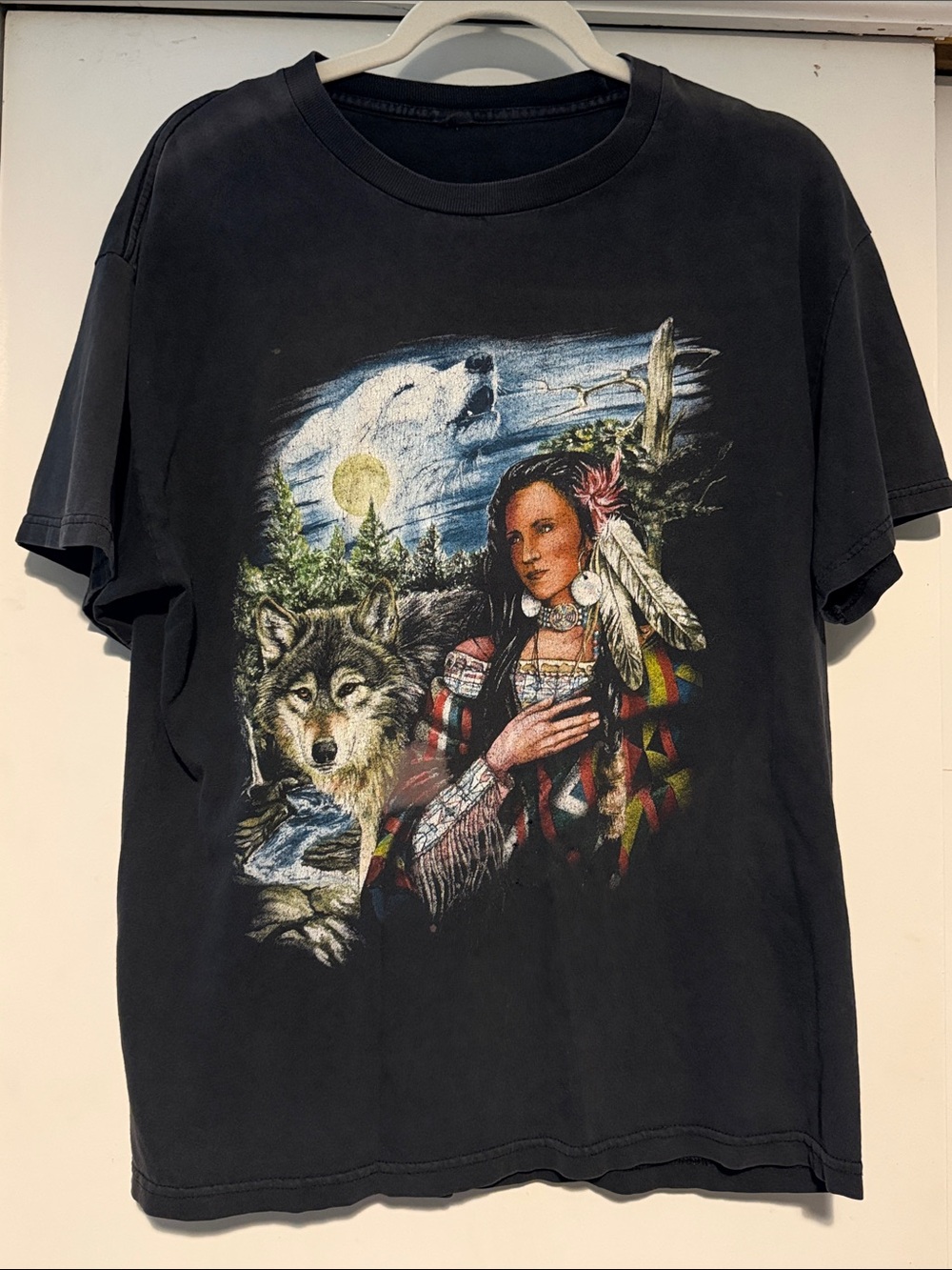 Vintage Black Graphic T-Shirt with Native Wolf Artwork